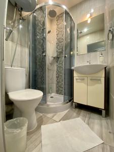 een badkamer met een toilet, een wastafel en een douche bij 24 hour-Self Check-in Apartment Námestie Svätého Egídia in Poprad