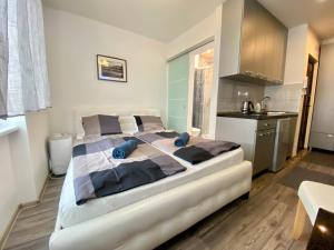 een slaapkamer met een groot bed en een keuken bij 24 hour-Self Check-in Apartment Námestie Svätého Egídia in Poprad