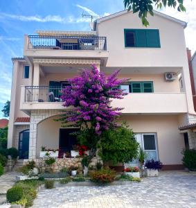 una casa con un árbol floreciente delante de ella en Apartmani Jolic, en Brodarica