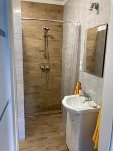 a bathroom with a shower and a sink at Apartamenty Zarzecze in Augustów