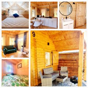 a collage of four pictures of a cabin at Kurdybanek - Domki letniskowe in Stegna