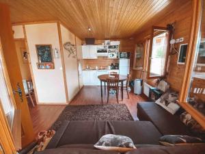 a living room with a couch and a table at Chalet cosy Ignaux - Ax les thermes in Ignaux