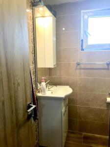 W łazience znajduje się umywalka i lustro. w obiekcie Villa Milka w mieście Utjeha