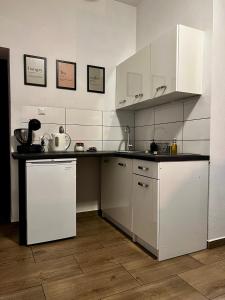 eine Küche mit weißen Schränken und einer Arbeitsplatte in der Unterkunft eM Apartment 6 in Kattowitz