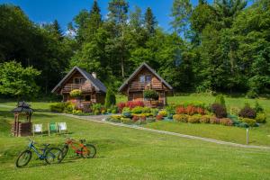 two bikes parked in the grass in front of two log homes at Leśny Zakątek in Bezmichowa Dolna
