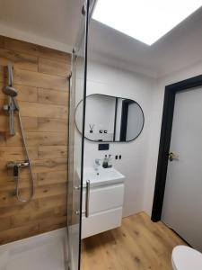 a bathroom with a shower and a sink and a mirror at GOLD&BLACK OŚWIĘCIM CENTRUM in Oświęcim