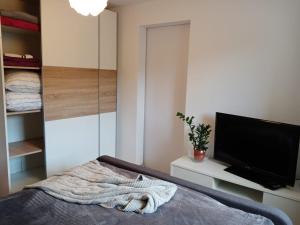 sypialnia z łóżkiem i telewizorem z płaskim ekranem w obiekcie Apartament Ostoja w mieście Mrągowo