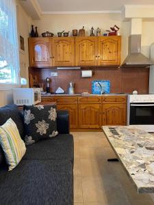 a living room with a couch and a kitchen with wooden cabinets at Evak Chalet in Paleo Tsifliki +8 photos