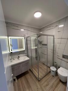 a bathroom with a shower and a toilet and a sink at Life Point Hotel in Çeşme
