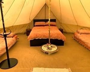 a bedroom with two beds in a tent at Oak Tree Farm in Llanfynydd