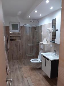 een badkamer met een toilet, een douche en een wastafel bij Villa Pliva Lake Jajce in Jajce
