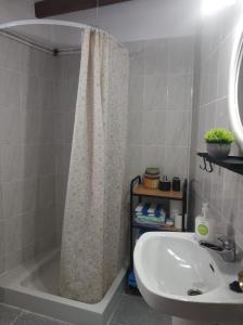 y baño con cortina de ducha y lavamanos. en Casa Boneta Alpujarra Almeria-Alboloduy, en Almería