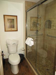 uma casa de banho com um WC e uma cabina de duche em vidro. em Stardust Lodge em South Lake Tahoe