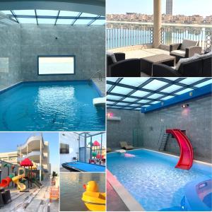 a collage of pictures of a swimming pool at منتجع اليال Alyal Resort in Al Khīrān