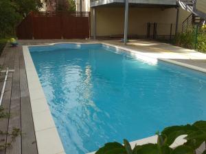 a swimming pool with blue water in a yard at Apartman Brno Stred in Brno
