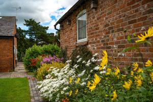 a garden of flowers next to a brick building at Higher Farm in Malpas