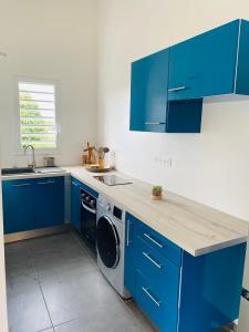 a blue kitchen with a sink and a dishwasher at K'Noly in Baie-Mahault