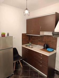 a kitchen with a sink and a refrigerator at ALEXANDER APARTMENT'S in Kallithea Halkidikis