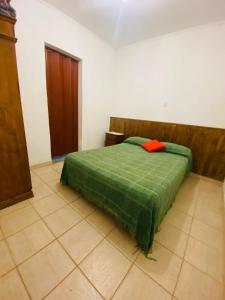 um quarto com uma cama com um edredão verde em MI RIO em Colón