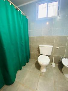 uma casa de banho com um WC e uma cortina de chuveiro verde em MI RIO em Colón
