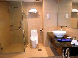 a bathroom with a shower and a toilet and a sink at Hotel Excelsior Ipoh in Ipoh