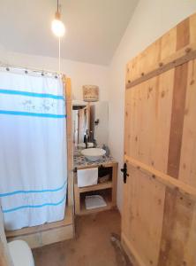 a bathroom with a sink and a shower curtain at Eco Parcela La Chacra in Catapilco