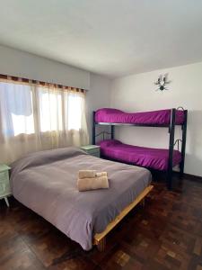 a bedroom with two bunk beds with purple sheets at Hostel Planeta Cumbrecita in La Cumbrecita