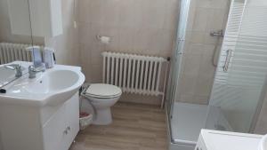 a bathroom with a sink and a toilet and a shower at OPEN Vendégház in Sopron