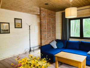 sala de estar con sofá azul y mesa en Modrynowe Domki en Wetlina