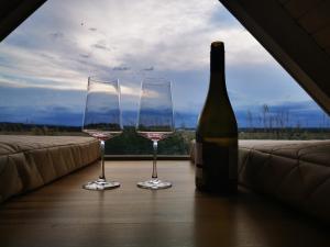 two wine glasses and a bottle of wine on a table at Pfahlbau Sunset I Toplage Elektroboot inklusive in Rust
