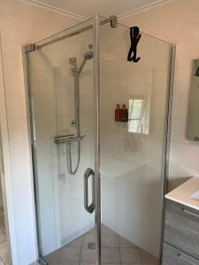 a shower with a glass door in a bathroom at Villa Clementine with sauna in Ermelo in Ermelo
