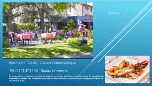 eine Collage aus zwei Bildern eines Restaurants mit Tisch und Essen in der Unterkunft Bel Appartement T2 40 M² in Vaugneray