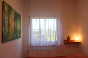 1 dormitorio con ventana y cortina blanca en Nyugi-Lak en Lipót