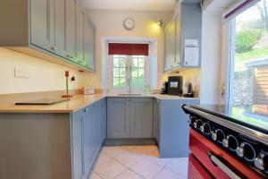 a kitchen with blue cabinets and a counter top at Lynch Cottage in Rousdon