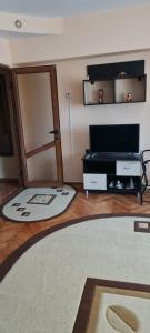 a living room with a door and a television and a rug at Apartament cu 2 camere spatioase in centrul orasului - ANDREI in Brăila