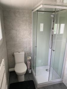 a bathroom with a toilet and a glass shower at Les volets verts in Le Crotoy +28 photos