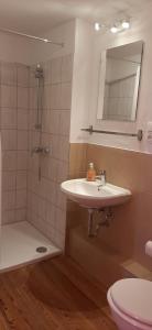 y baño con lavabo, ducha y aseo. en Schillers Landhaus, en Neu Darchau