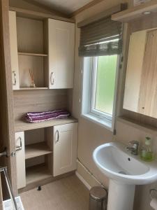 a bathroom with a sink and a window at Fern Lodge with Hot Tub in Stonham Aspall