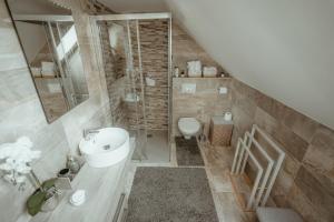 La salle de bains est pourvue d'une douche, d'un lavabo et de toilettes. dans l'établissement Kuća za odmor - Mavis, à Mrkopalj