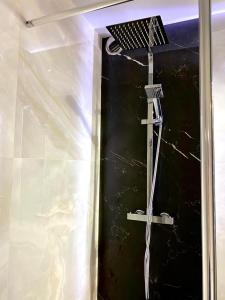a shower in a bathroom with a black wall at Grand Plaza Vega in Burgos