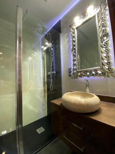 a bathroom with a sink and a shower with a mirror at Grand Plaza Vega in Burgos