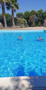 zwei Personen schwimmen in einem großen blauen Pool in der Unterkunft Lugh'e Luna Village in Narbolia