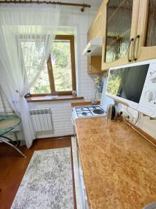 una cucina con fornelli e piano di lavoro di Апартаменты аэропорт a Almaty
