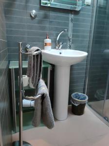 a bathroom with a sink and a shower and a towel at Studio Apartman Rea in Kotor +15 photos