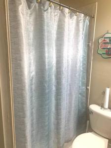 a bathroom with a shower curtain and a toilet at Relaxation Zone in West Palm Beach