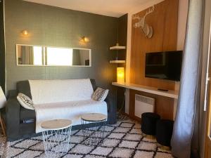 a small living room with a couch and a tv at Spacieux & Chaleureux Apt avec vue panoramique in Orcières