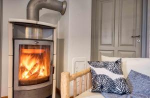 a fire oven in a living room with a couch and a fireplace at traumHaff - Sea Hideaway Ostsee Region - privates NORDICSPA, Kamin, Kunst, Hund 300m zum Strand in Rieth