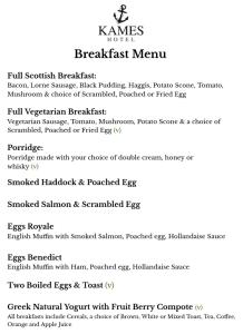 a screenshot of the menu of the kennels for breakfast menu at Kames Hotel in Tighnabruaich