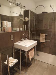 een badkamer met een wastafel en een douche bij Ferienwohnung Barbarossa in Bad Reichenhall