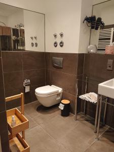 a bathroom with a toilet and a sink at Ferienwohnung Barbarossa in Bad Reichenhall +21 photos